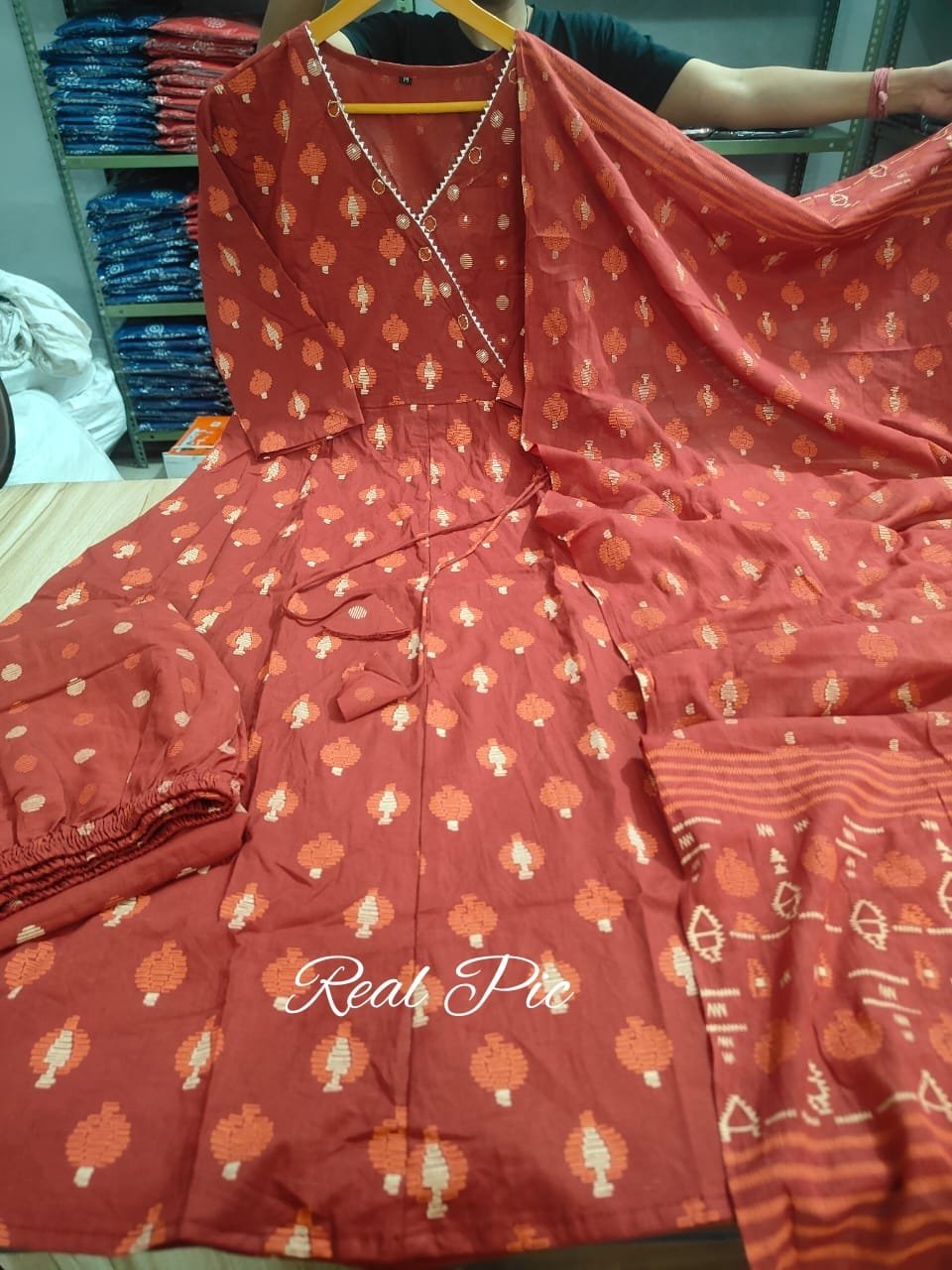 Embroidered Angrakha Anarkali Cotton Suit Set